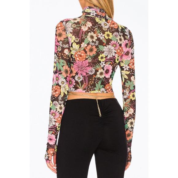 NEW AFRM micaela cropped power mesh turtleneck top in noir garden - Picture 3 of 3